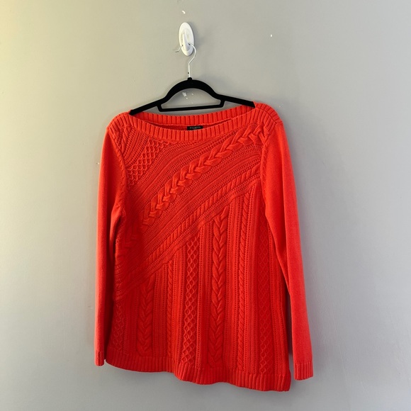 Talbots Red Orange Boat Neck Sweater Cable Knit Cotton Size Large Petite LP - Picture 2 of 8